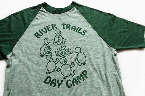 70s USA製 Velva Sheen RIVER TRAILS DAY CAMP 染み込みプリント ラグランTシャツ 杢グリーン×緑 M