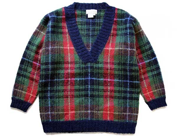 80s id Distinations タータンチェック Vネック モヘア ニット 