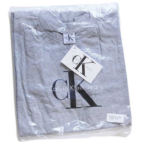 デッドストック★90s USA製 Calvin Klein Jeans カルバンクライン ロゴ コットンTシャツ グレー S/M