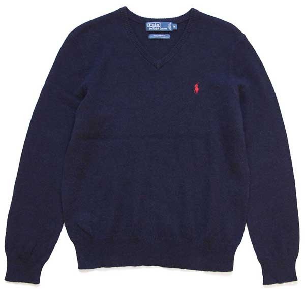 ポロ ラルフローレン ワンポイント Vネック ラムウールニット セーター 紺 M Sixpacjoe Web Shop