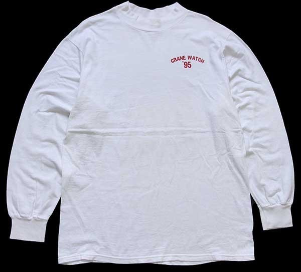 90s USA製 CRANE WATCH 95 ツル モックネック コットン 長袖Tシャツ 白 