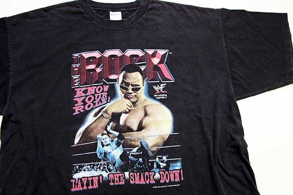 90s USA製 THE ROCK LAYIN' THE SMACK DOWN! プロレス 両面プリント 