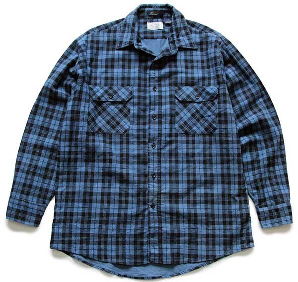 90s USA製 SEARS タータンチェック プリントネルシャツ 濃青×黒 L 