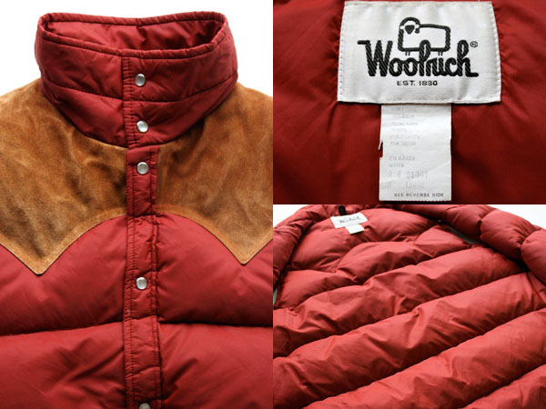 70s Woolrichウールリッチ レザーヨーク切り替え ダウンベスト 橙 L 